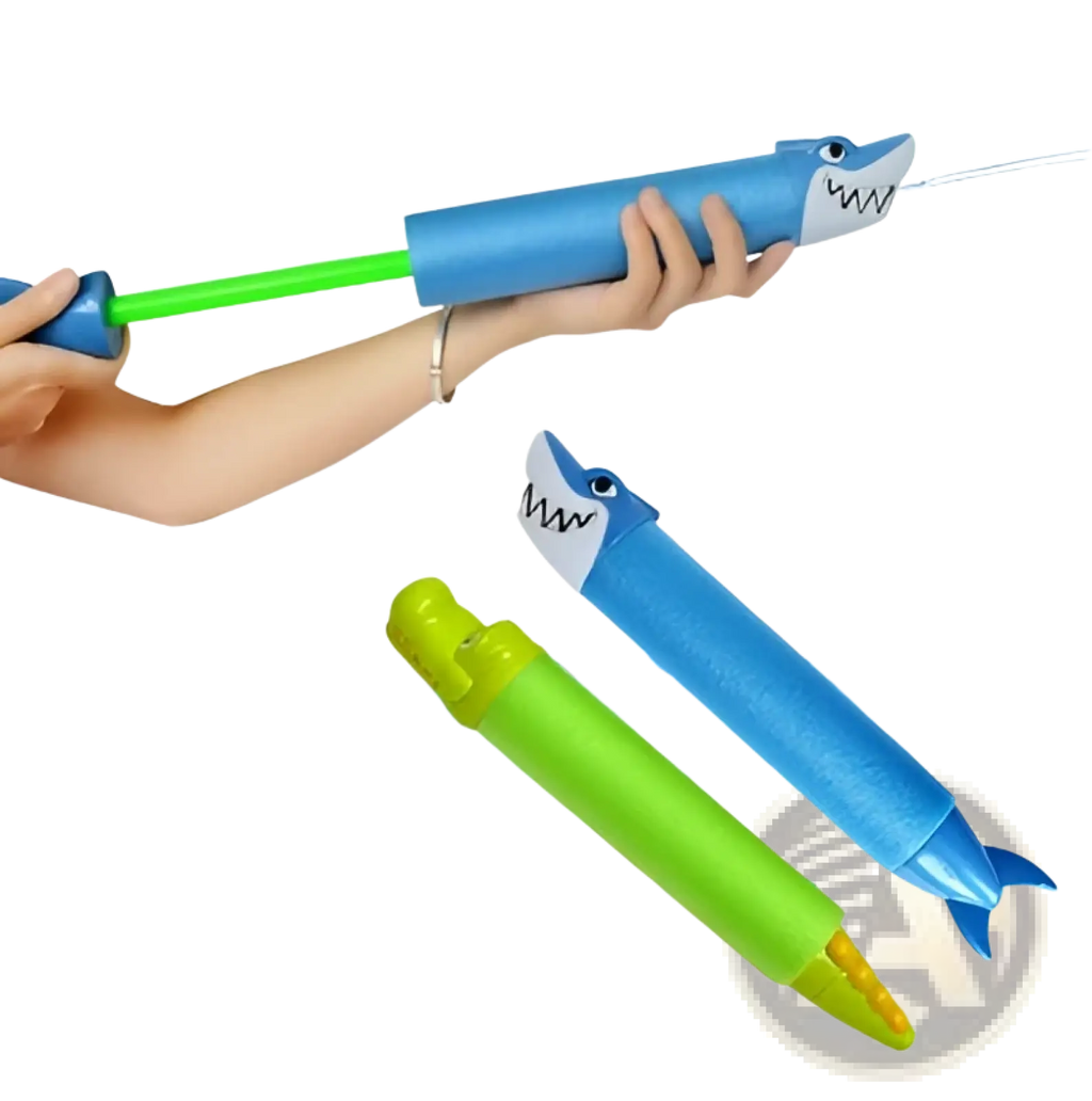 Blue and green plastic shark foam water gun blasters with cartoon faces designed as kids pool toys