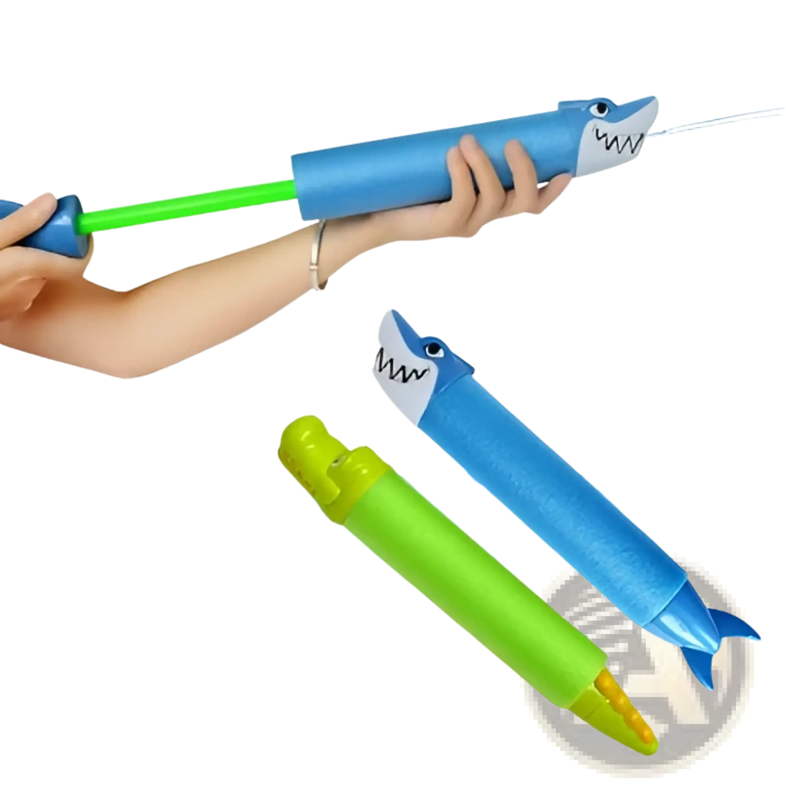Blue and green plastic shark foam water gun blasters with cartoon faces designed as kids pool toys