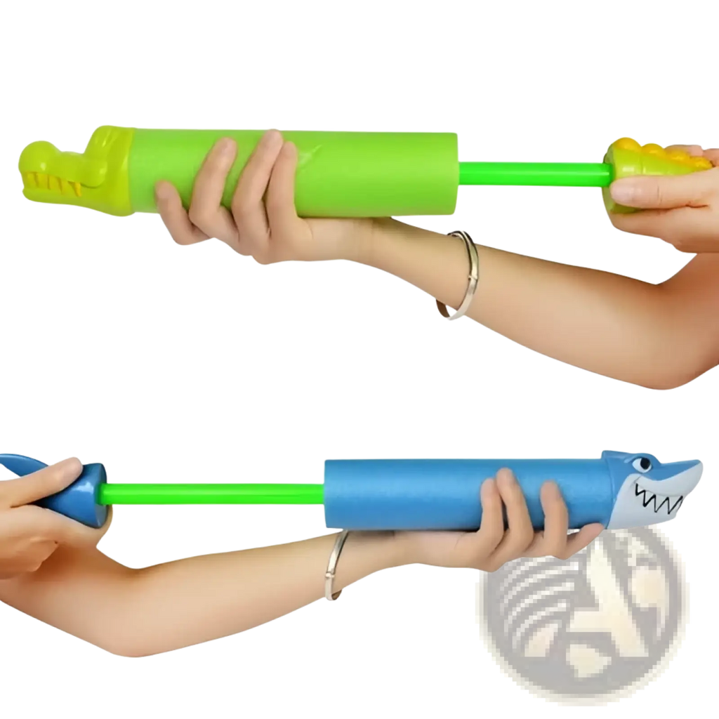 Bright green and blue shark foam water gun blaster for kids with a playful crocodile design on the handle