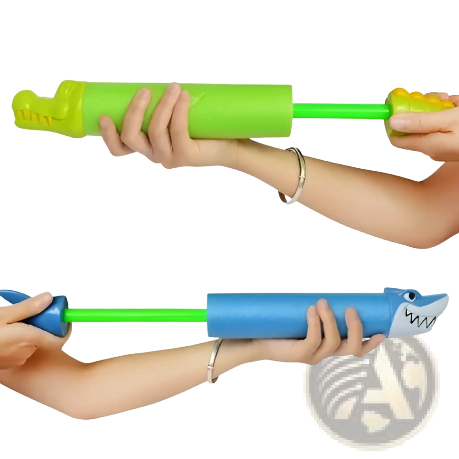 Bright green and blue shark foam water gun blaster for kids with a playful crocodile design on the handle