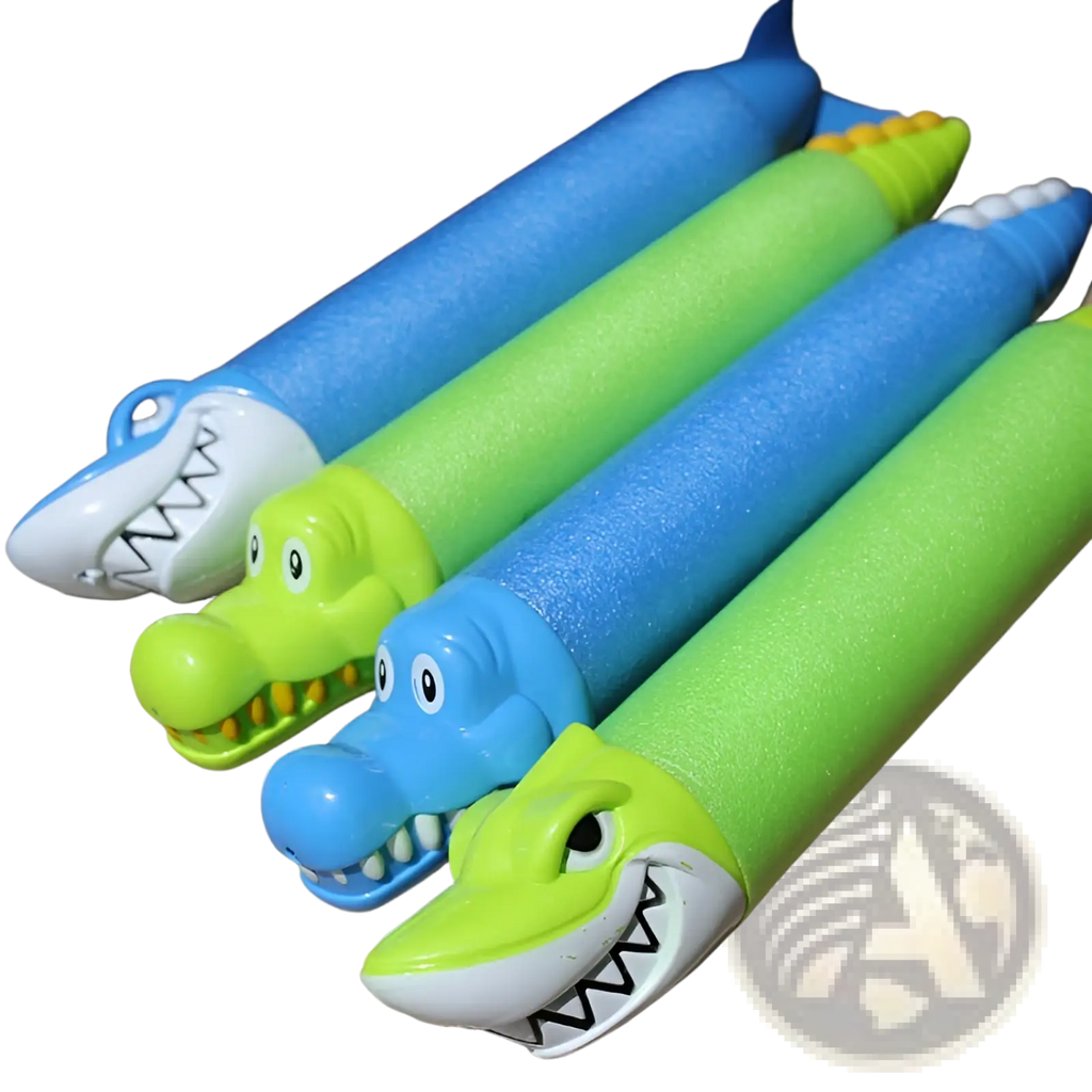 Shark foam water gun blaster for kids shaped like colorful crocodiles with green and blue bodies and white snouts