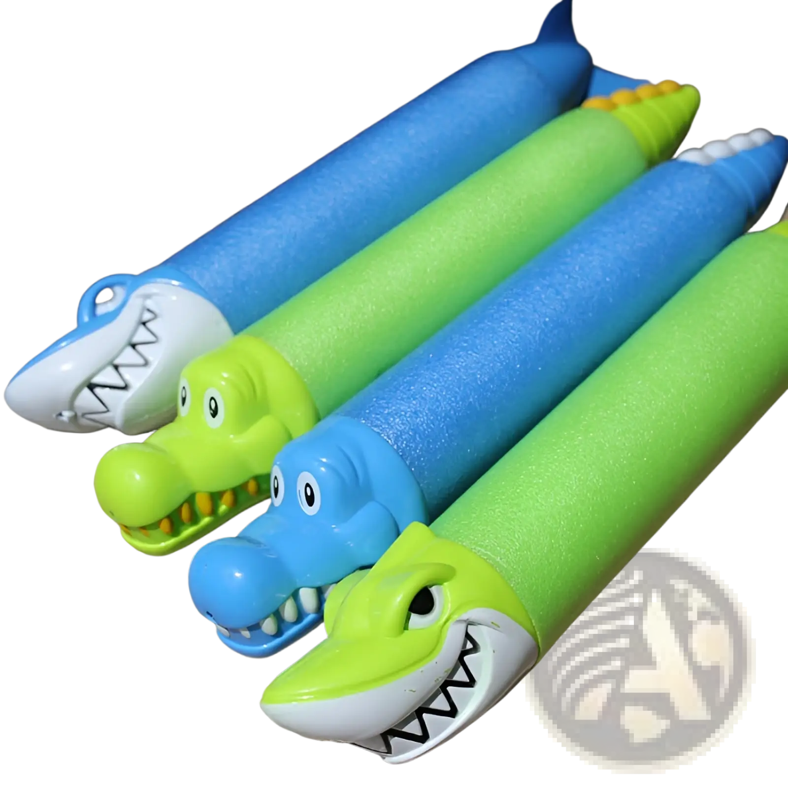 Shark foam water gun blaster for kids shaped like colorful crocodiles with green and blue bodies and white snouts