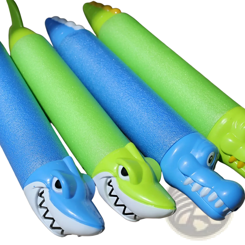 Brightly colored shark and alligator shaped foam water gun blasters with cartoon faces for kids pool toys
