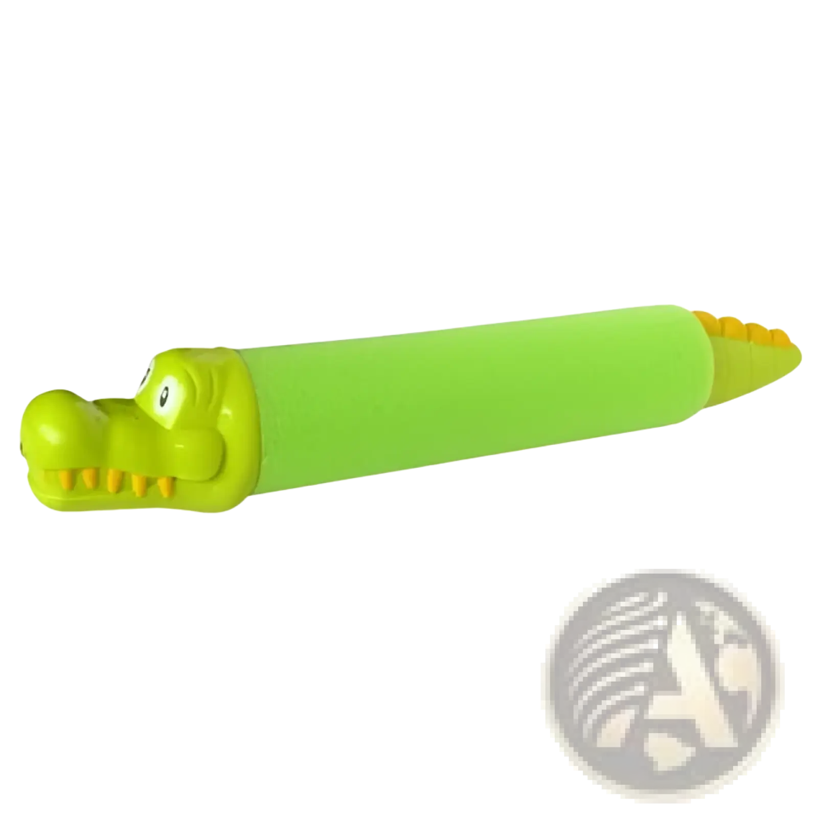 Bright green foam water gun shaped like a cartoon alligator with yellow accents for kids pool toy use