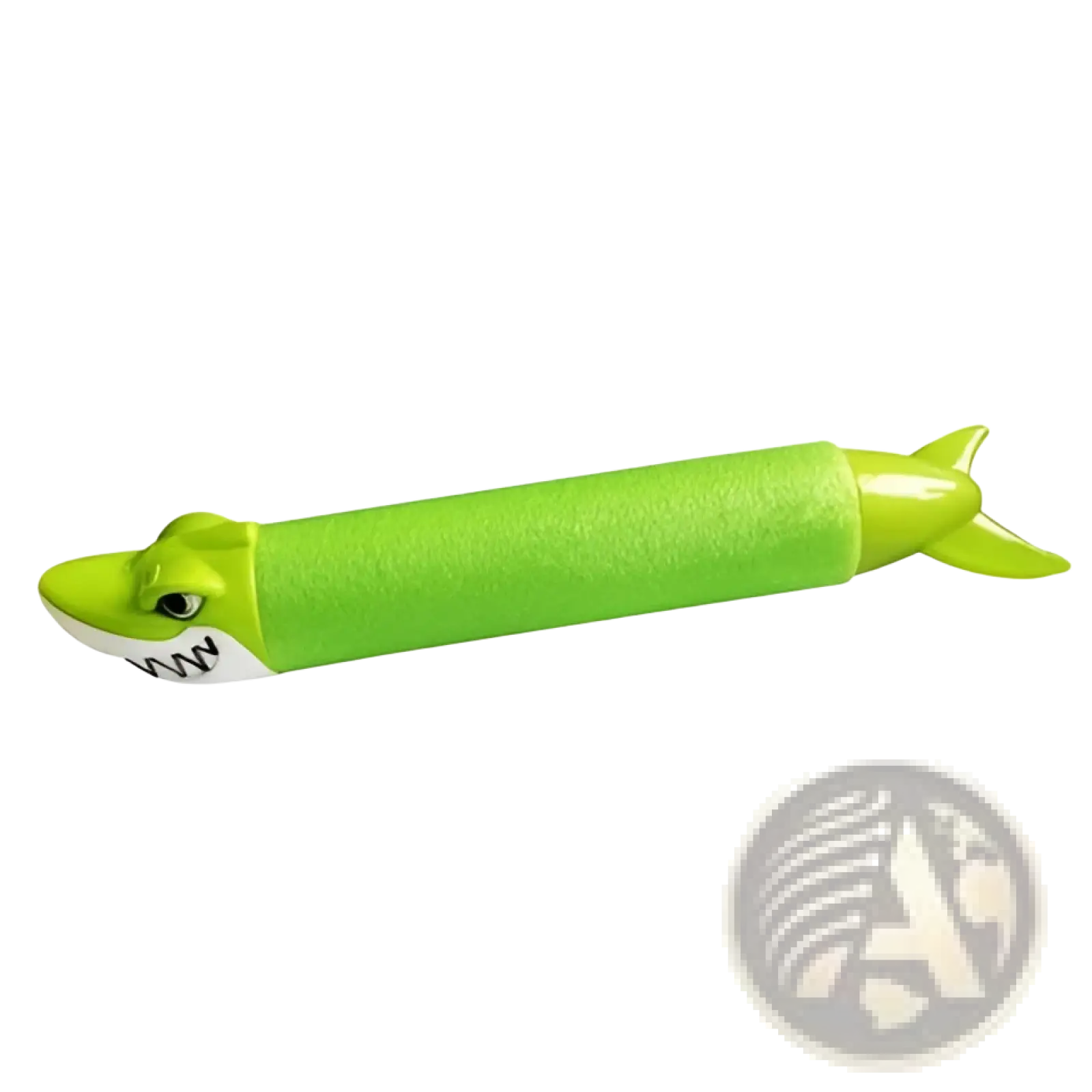Bright green foam shark water gun blaster with black eyes and white teeth for kids pool toys