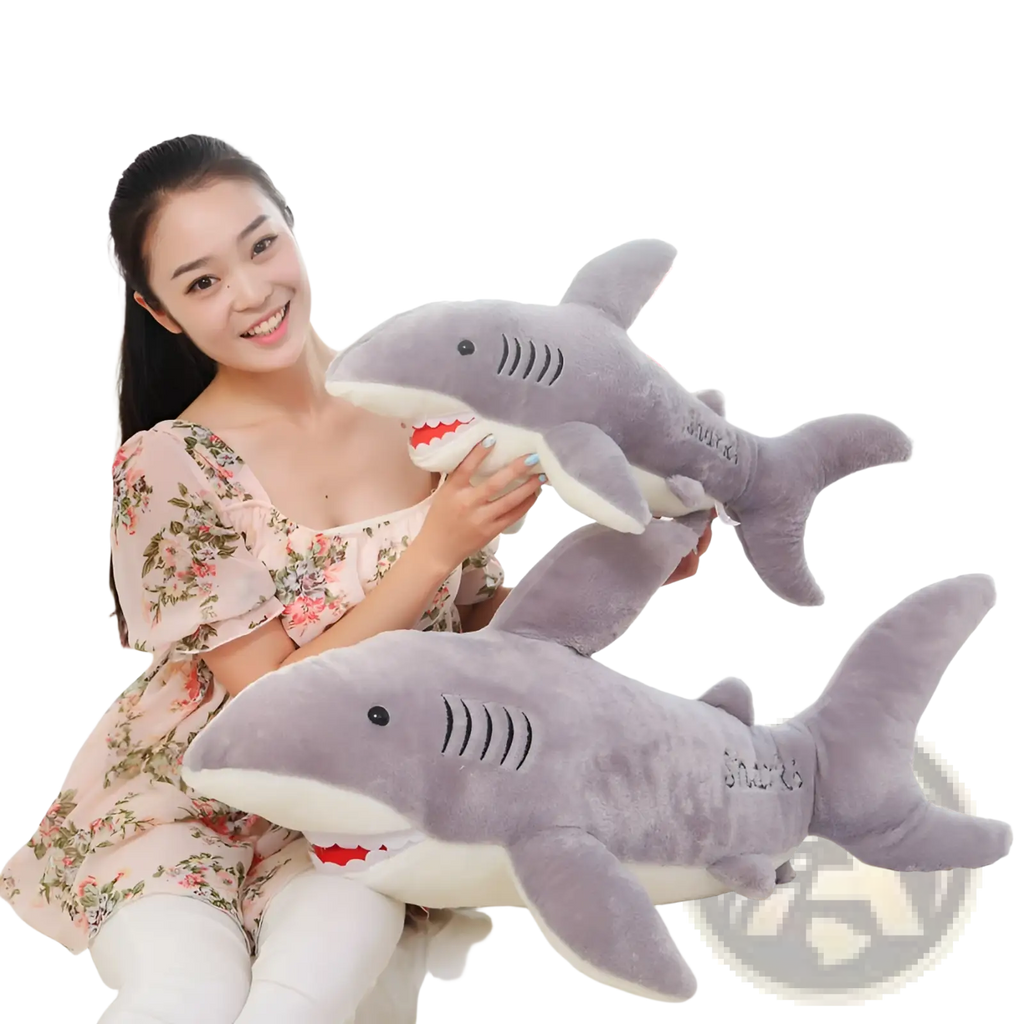 Gray plush shark stuffed toy with white underbelly red stitched teeth and gills ideal for children and decor