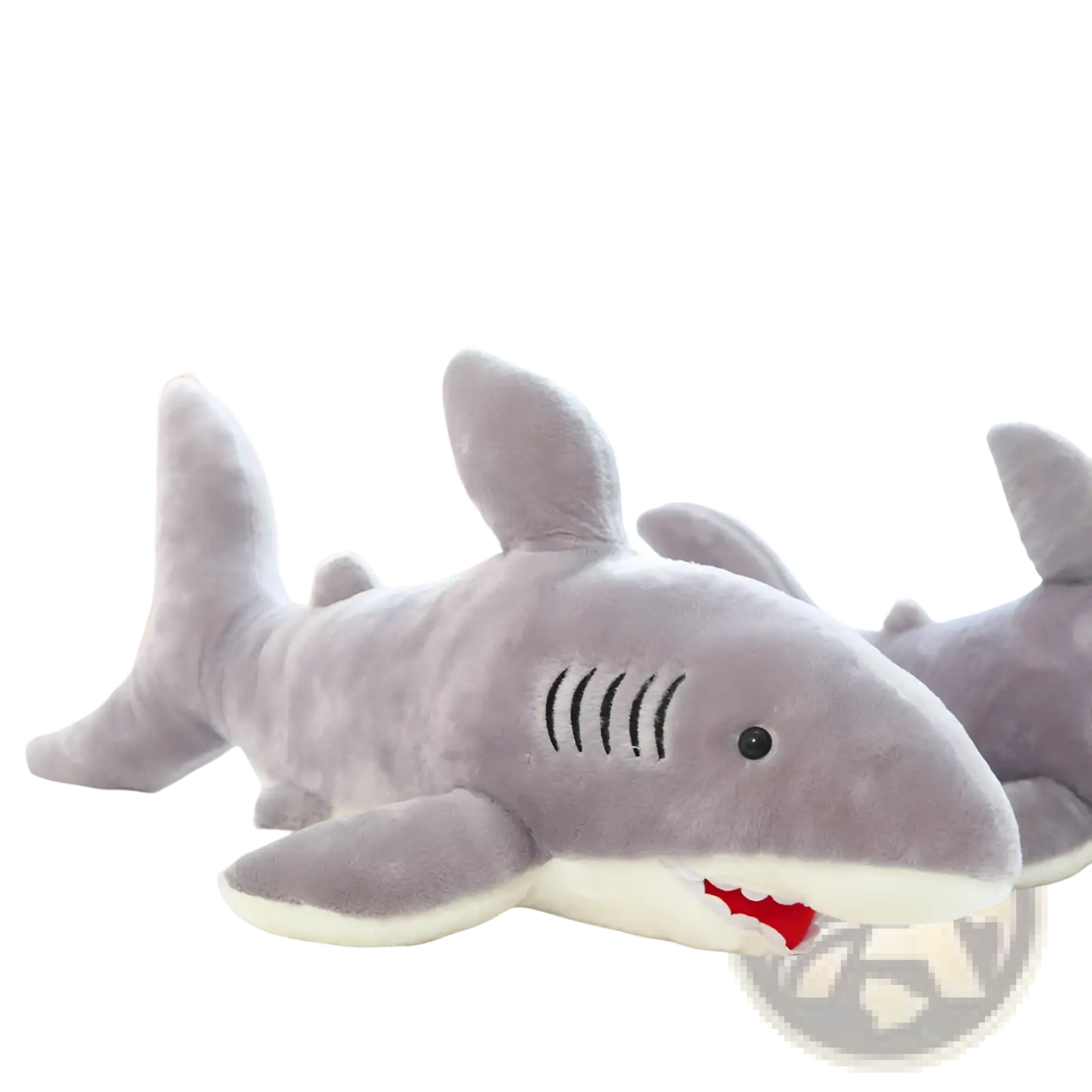 A plush gray shark toy with red stitched teeth, black stitched gills, and a white underbelly for children