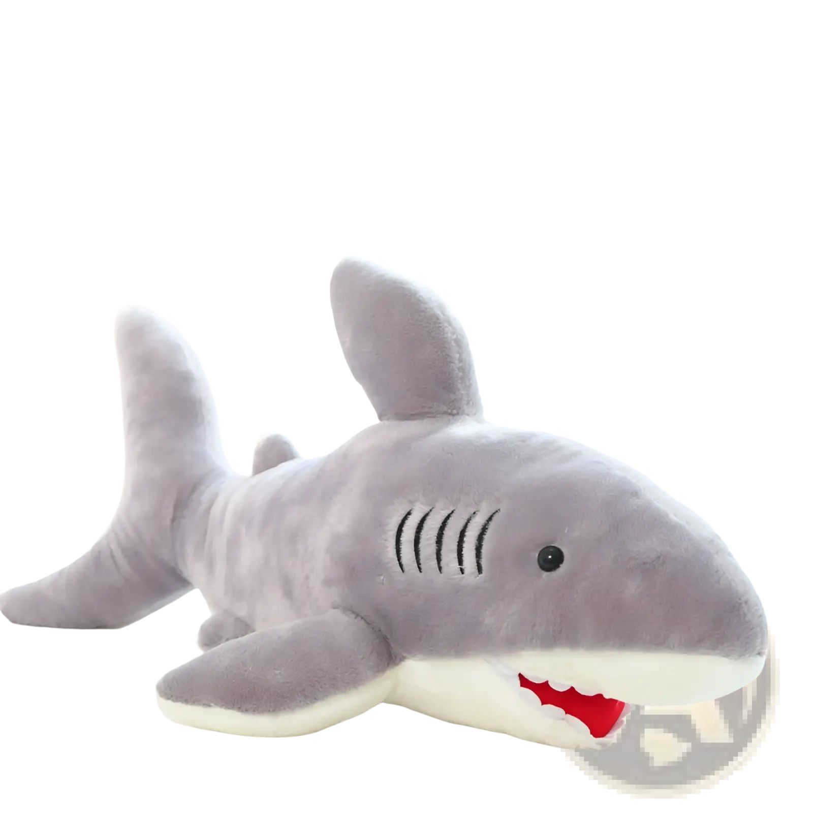 A plush gray shark toy with white underbelly red stitched teeth and black embroidered gill slits