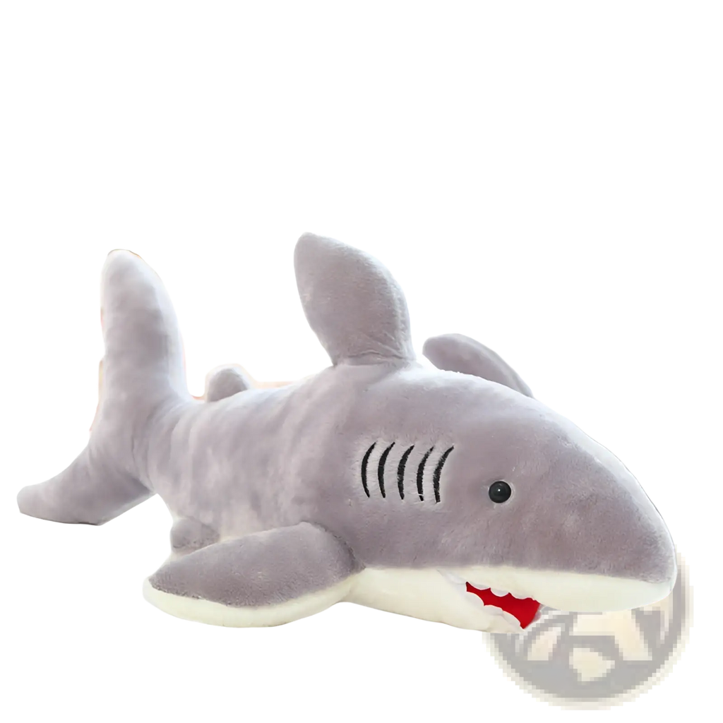 Gray plush shark toy with black embroidered gills single black eye and red stitched teeth for children’s play