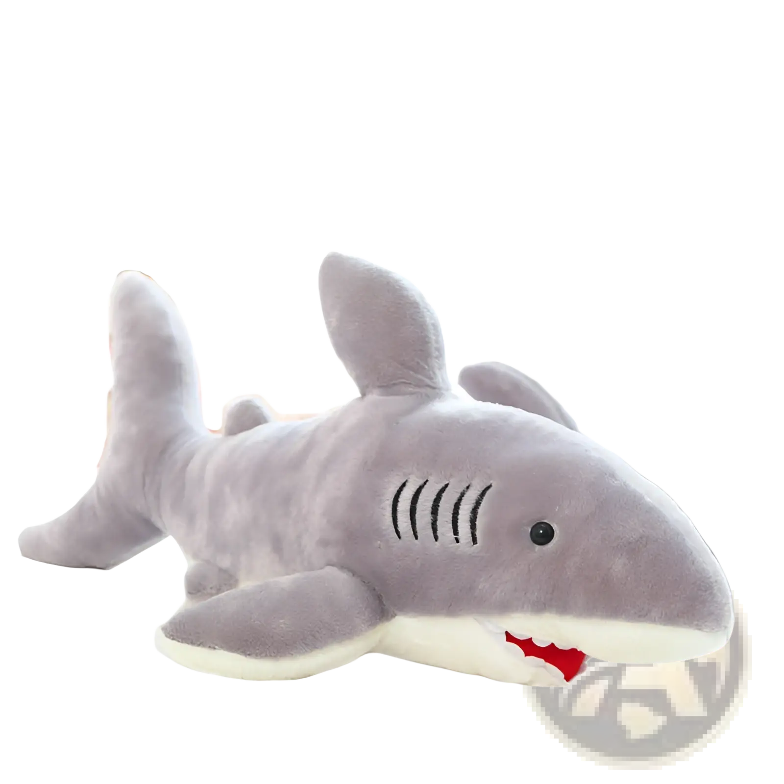 Gray plush shark toy with black embroidered gills single black eye and red stitched teeth for children’s play