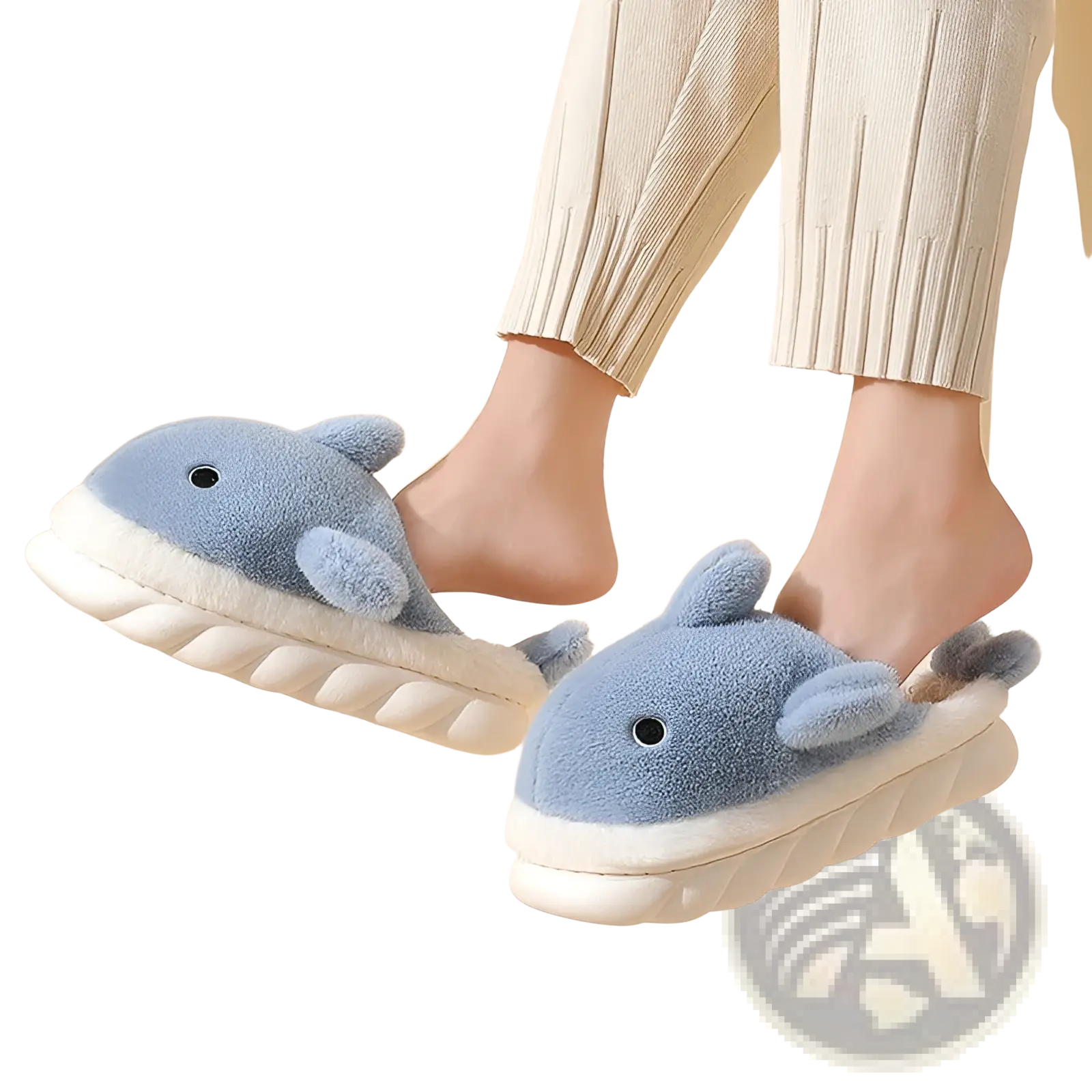 Blue plush dolphin shark slippers with white soles and textured edges for cozy indoor wear