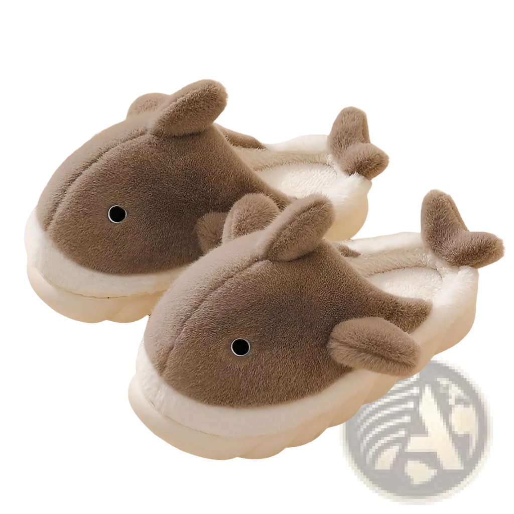 Cute brown plush whale-shaped shark slippers with white fluffy interior and soft textured material for indoor use