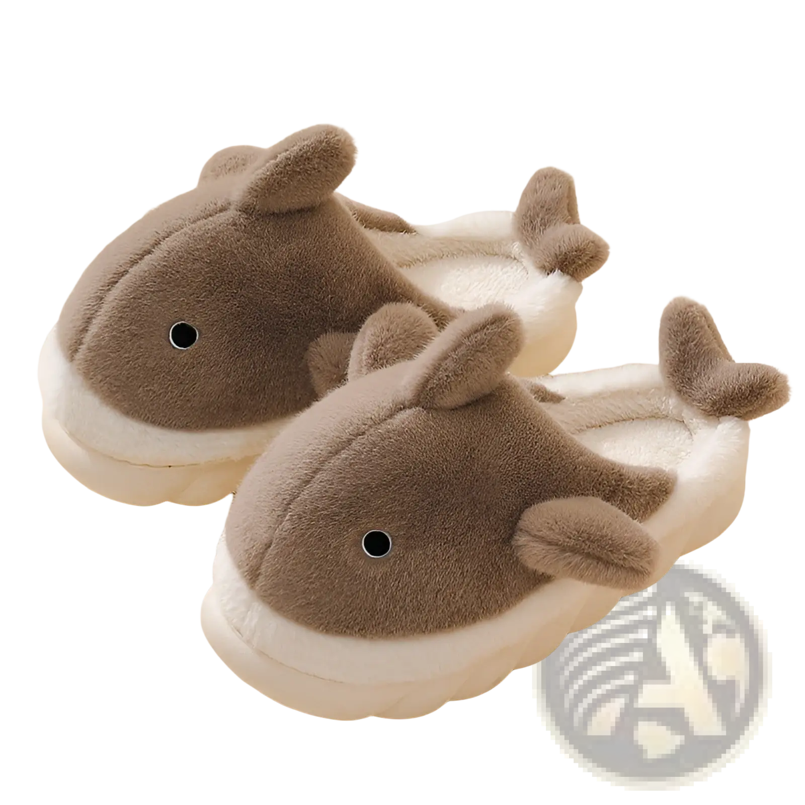 Cute brown plush whale-shaped shark slippers with white fluffy interior and soft textured material for indoor use