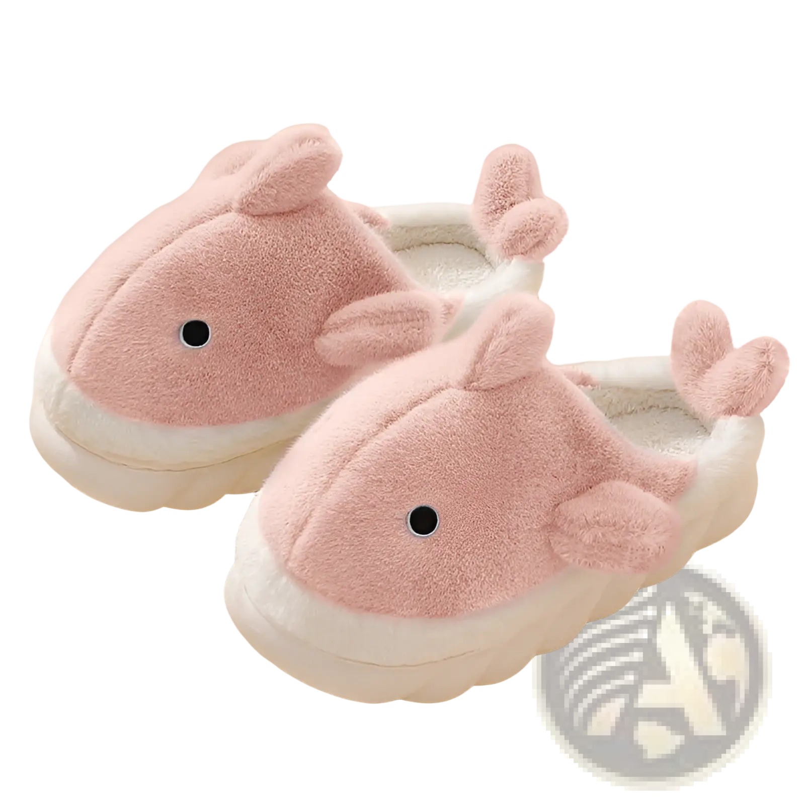 Pink plush whale-shaped shark slippers with white soles and black button eyes soft animal house shoes