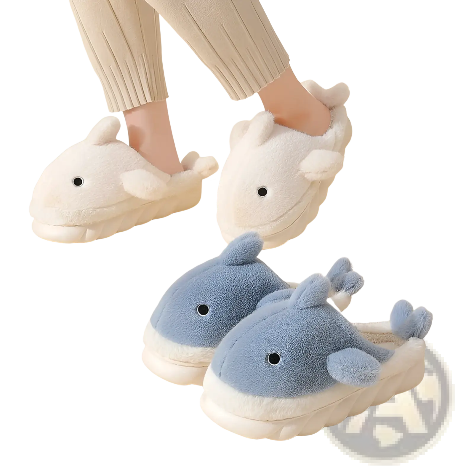 Soft plush blue and white whale-shaped shark slippers with embroidered eyes and fluffy fins for indoor use