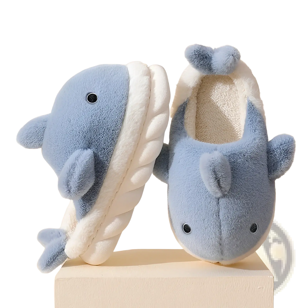 Soft blue plush dolphin-shaped shark slippers with white rope soles and fluffy interiors for indoor use
