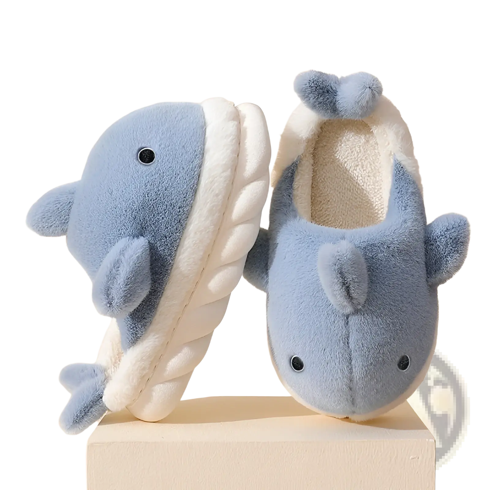 Soft blue plush dolphin-shaped shark slippers with white rope soles and fluffy interiors for indoor use
