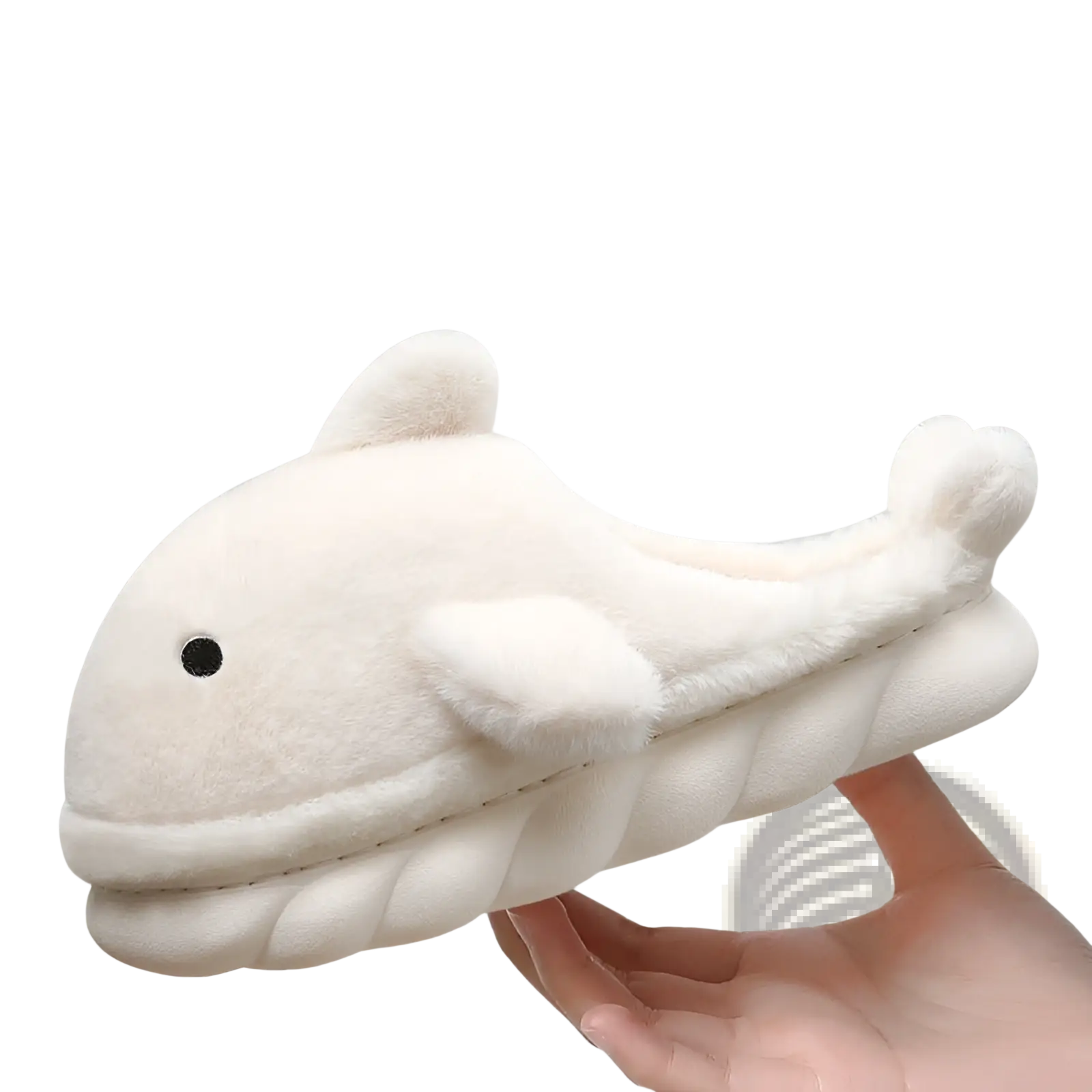 Soft white plush dolphin-shaped slippers with cozy fuzzy texture and stitched details for indoor use