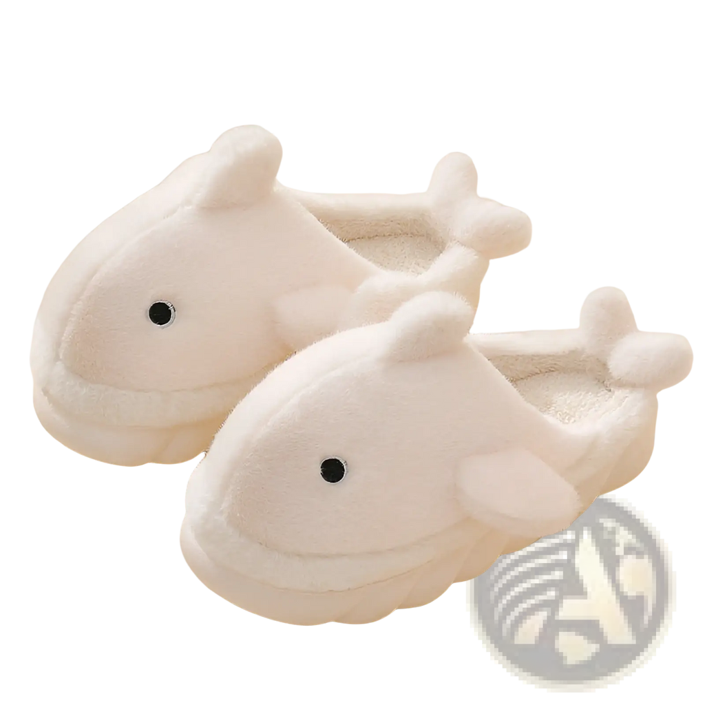 White plush whale-shaped shark slippers with black button eyes and soft fluffy texture for indoor wear