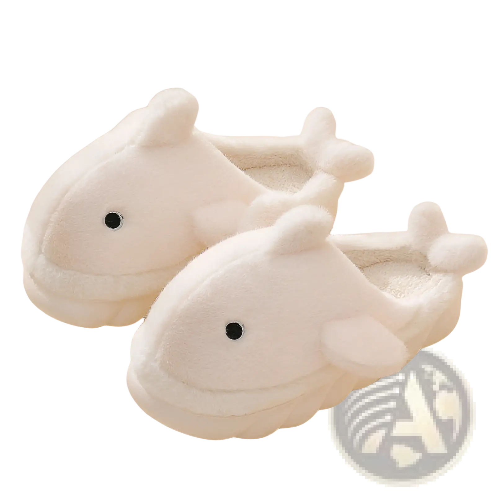 White plush whale-shaped shark slippers with black button eyes and soft fluffy texture for indoor wear