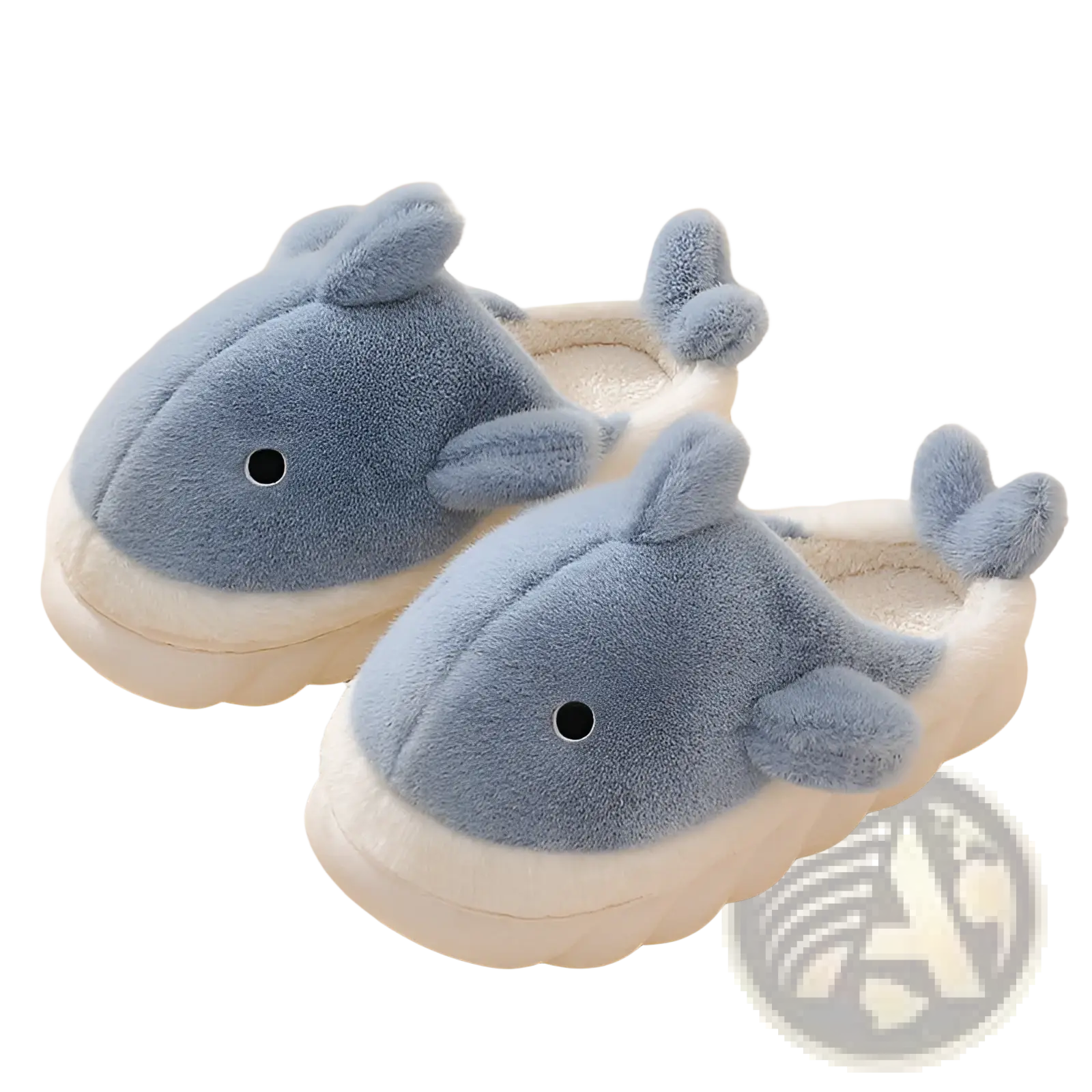 Soft blue plush whale-shaped shark slippers with white cushioned soles and embroidered black eyes for indoor use