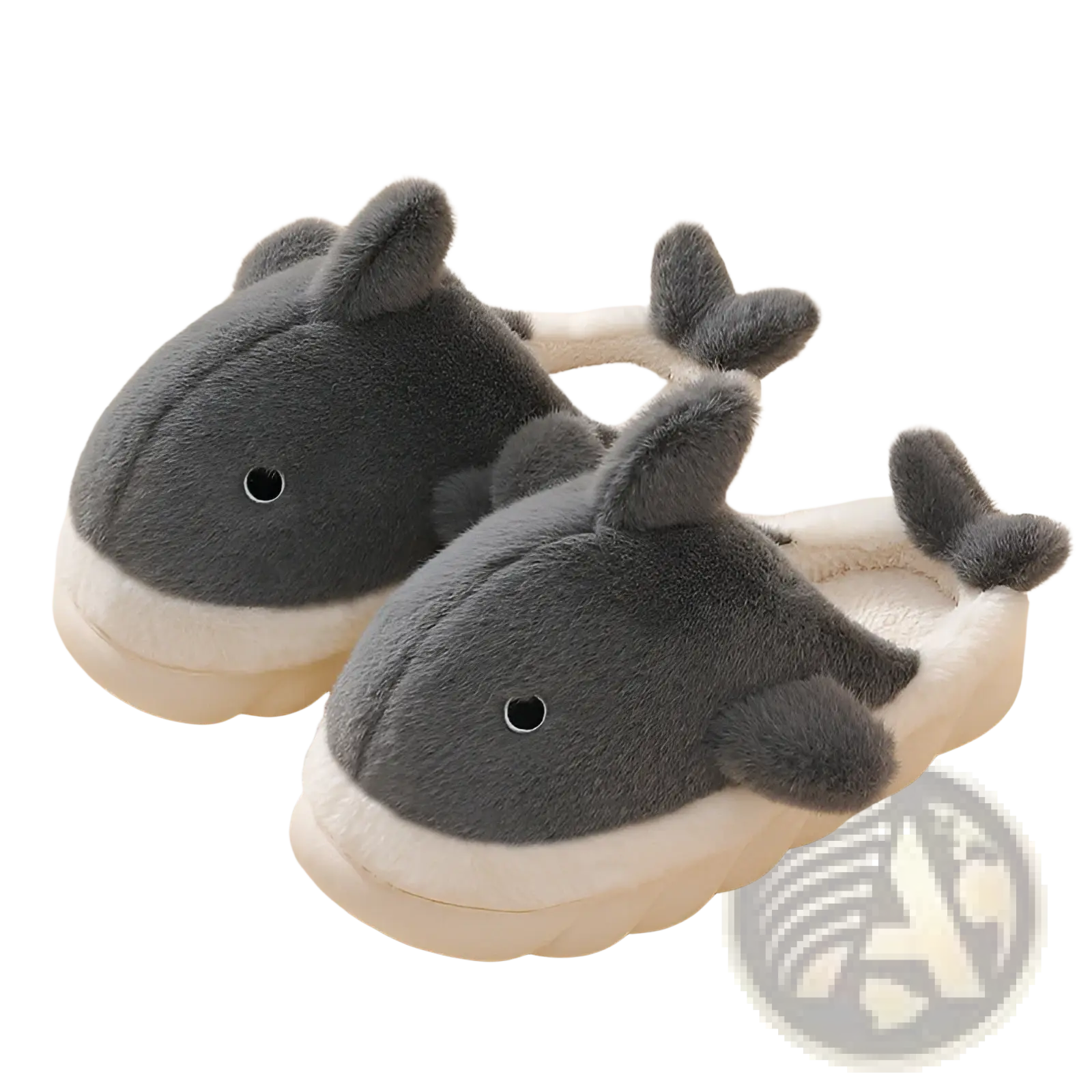 Gray plush whale shaped slippers with white cushioned soles and fluffy ears for indoor comfort use