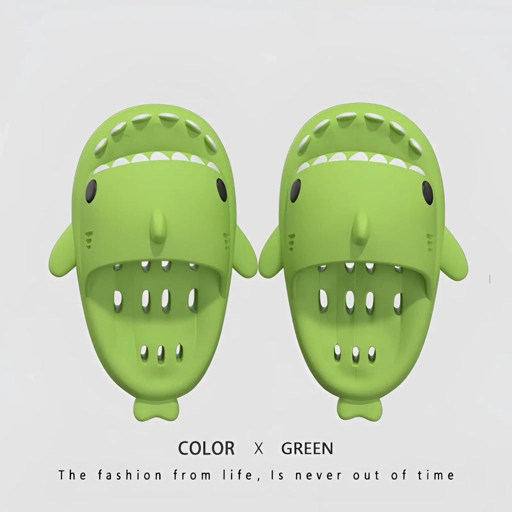 Bright green plastic shark slippers with black eyes and white teeth quick dry non slip shower slides