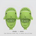 Bright green plastic shark slippers with black eyes and white teeth quick dry non slip shower slides