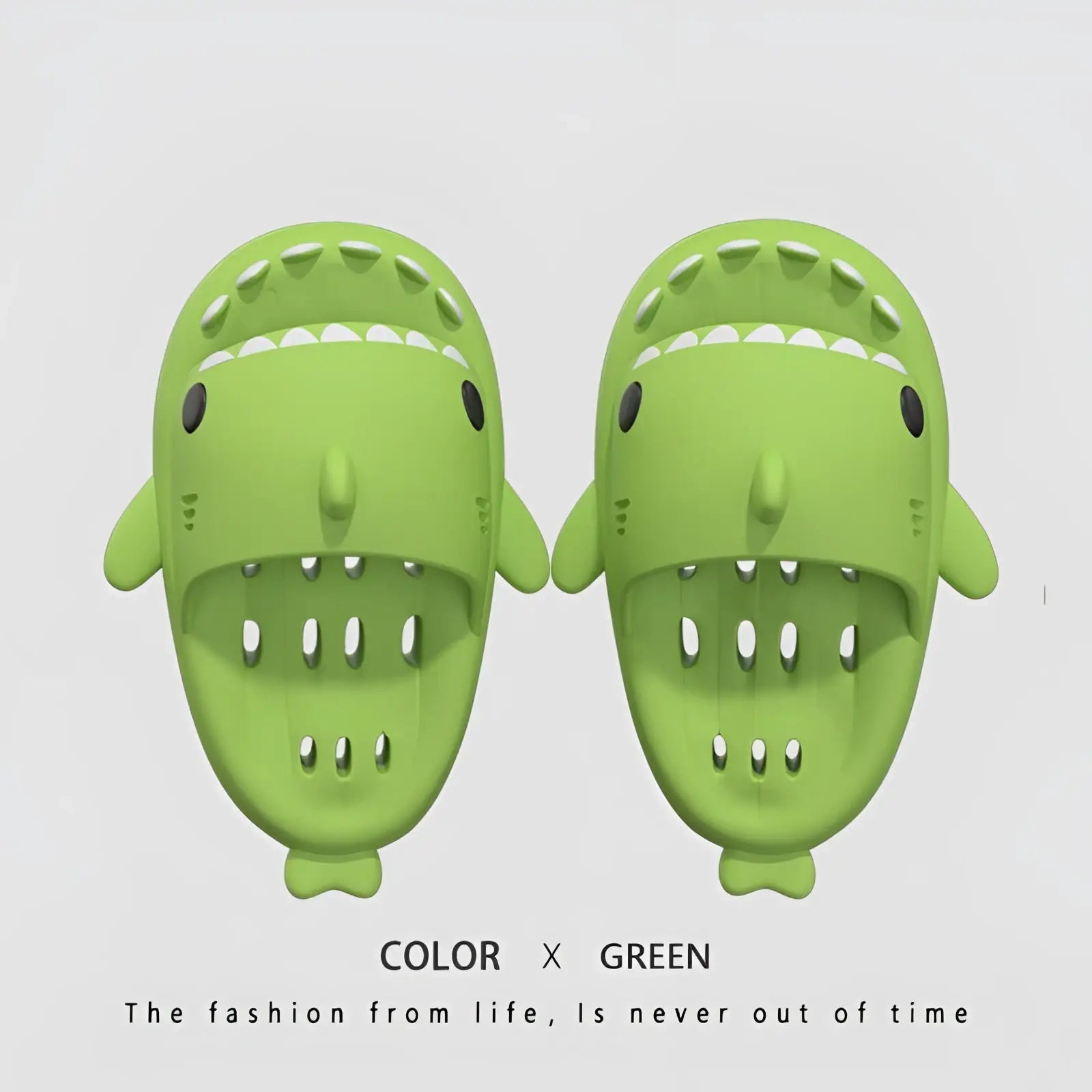 Bright green plastic shark slippers with black eyes and white teeth quick dry non slip shower slides