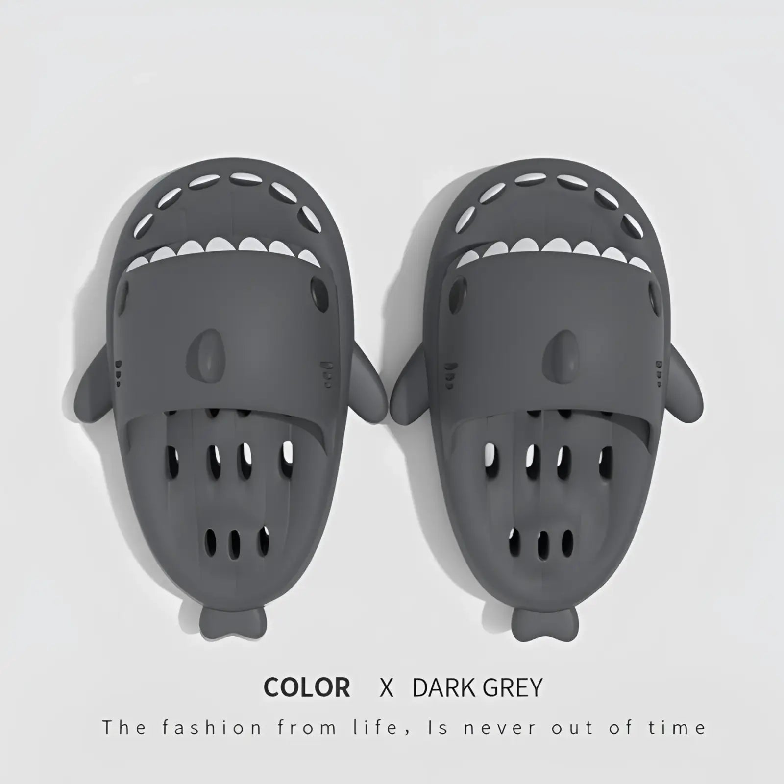 Dark grey shark-shaped quick dry non slip shower slide sandals with molded fins and eye-like details