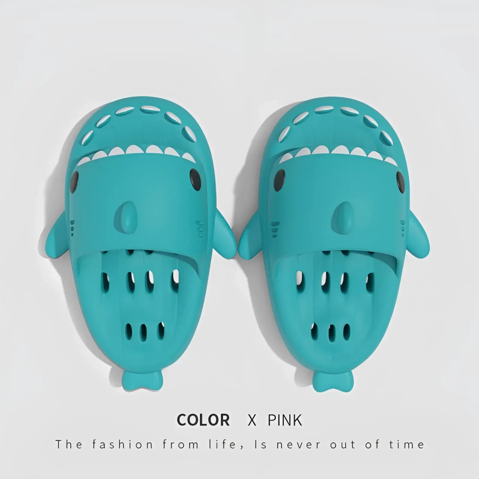 Teal shark slippers quick dry non slip shower slides featuring black eye details and white triangular teeth