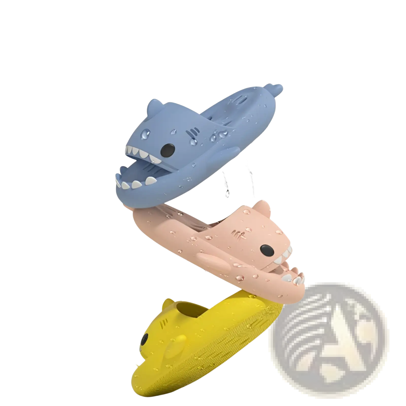 Shark slippers quick dry non slip shower slides in blue pink and yellow with cartoon shark faces and white teeth