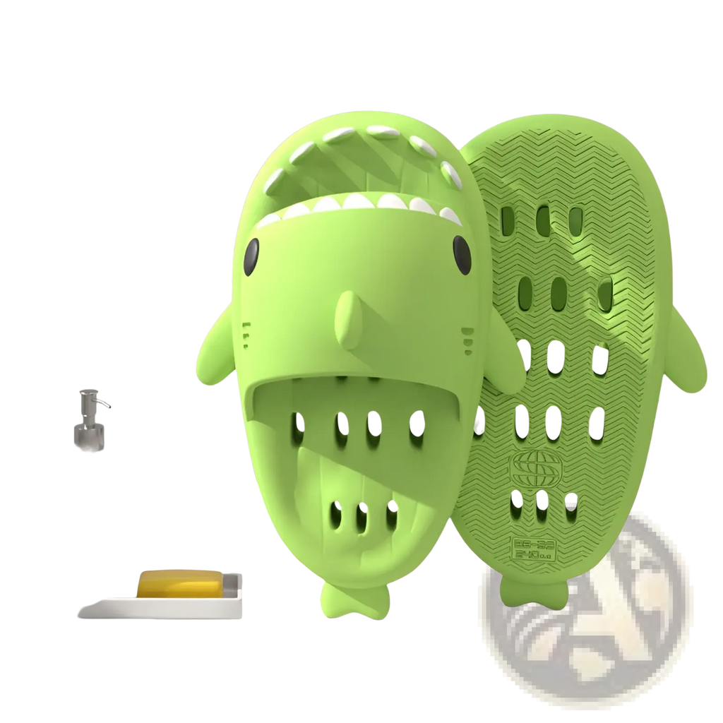 Bright green plastic shark slippers with white teeth and black eyes quick dry non slip shower slides