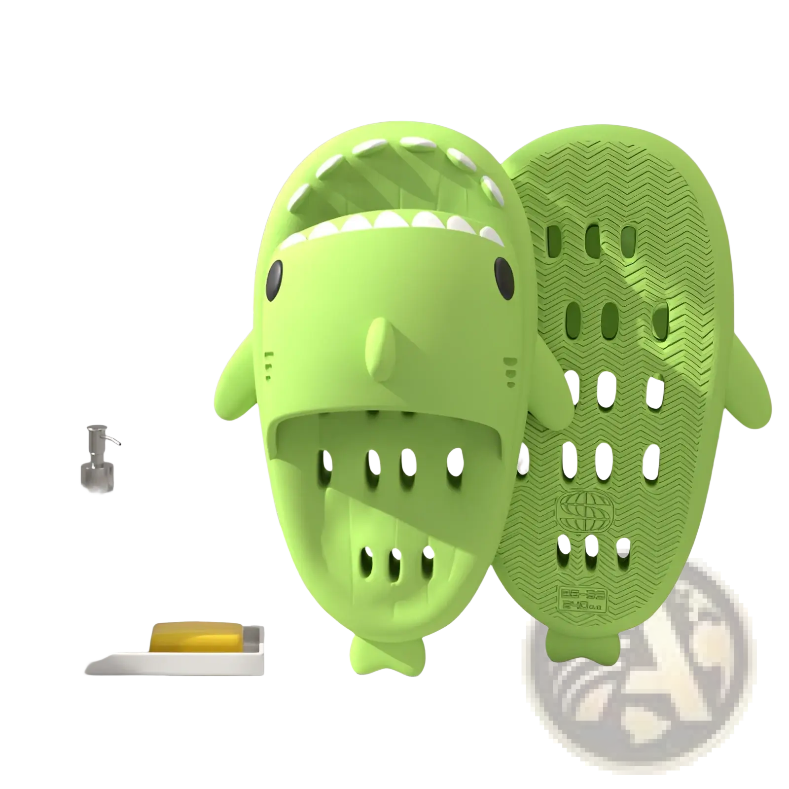 Bright green plastic shark slippers with white teeth and black eyes quick dry non slip shower slides