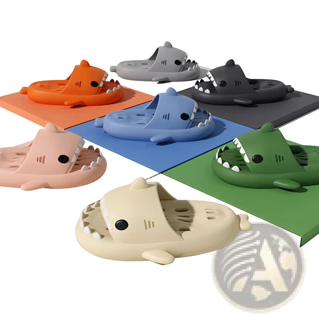 Colorful shark-shaped slip-on sandals made of soft plastic with quick dry non slip soles for shower use