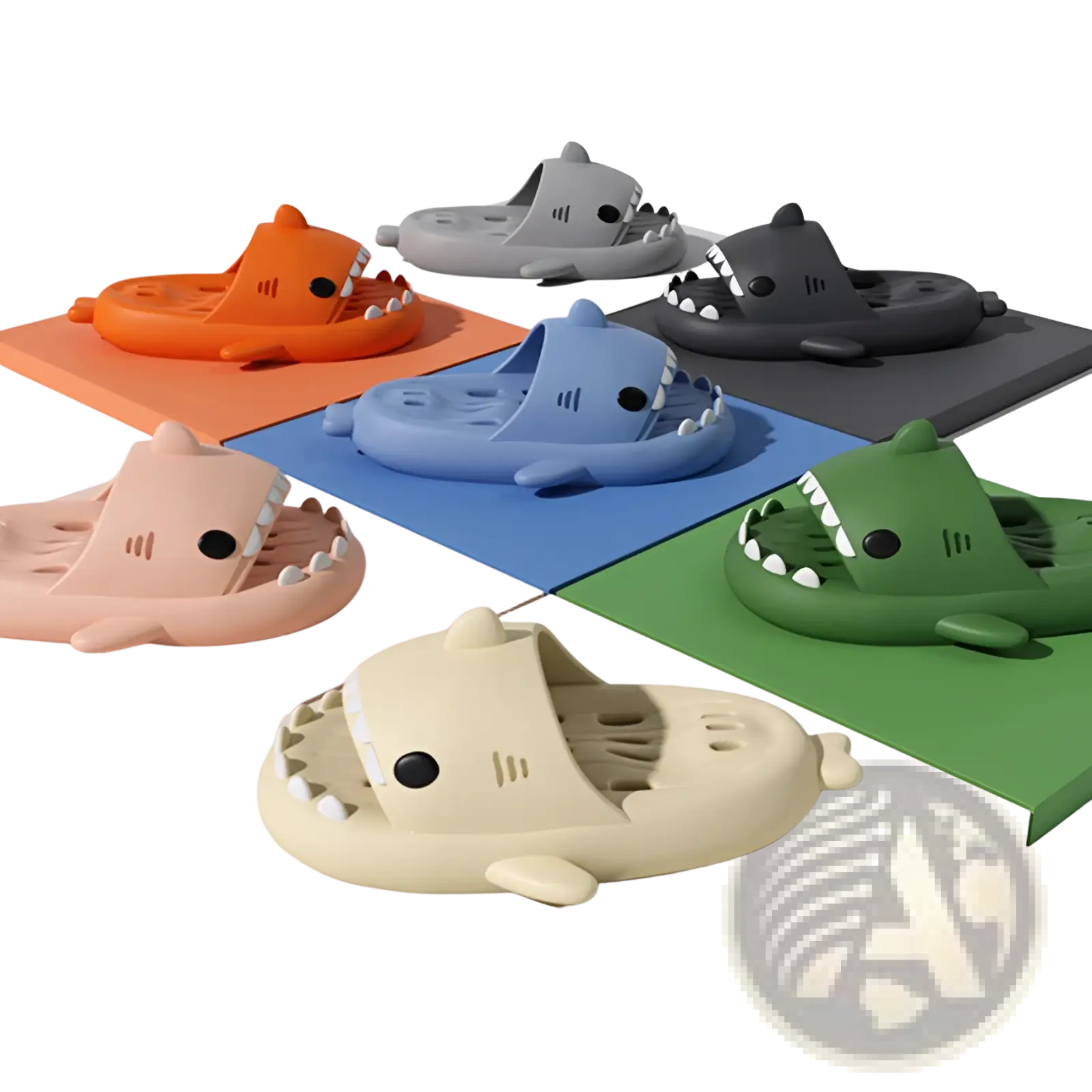 Colorful shark-shaped slip-on sandals made of soft plastic with quick dry non slip soles for shower use