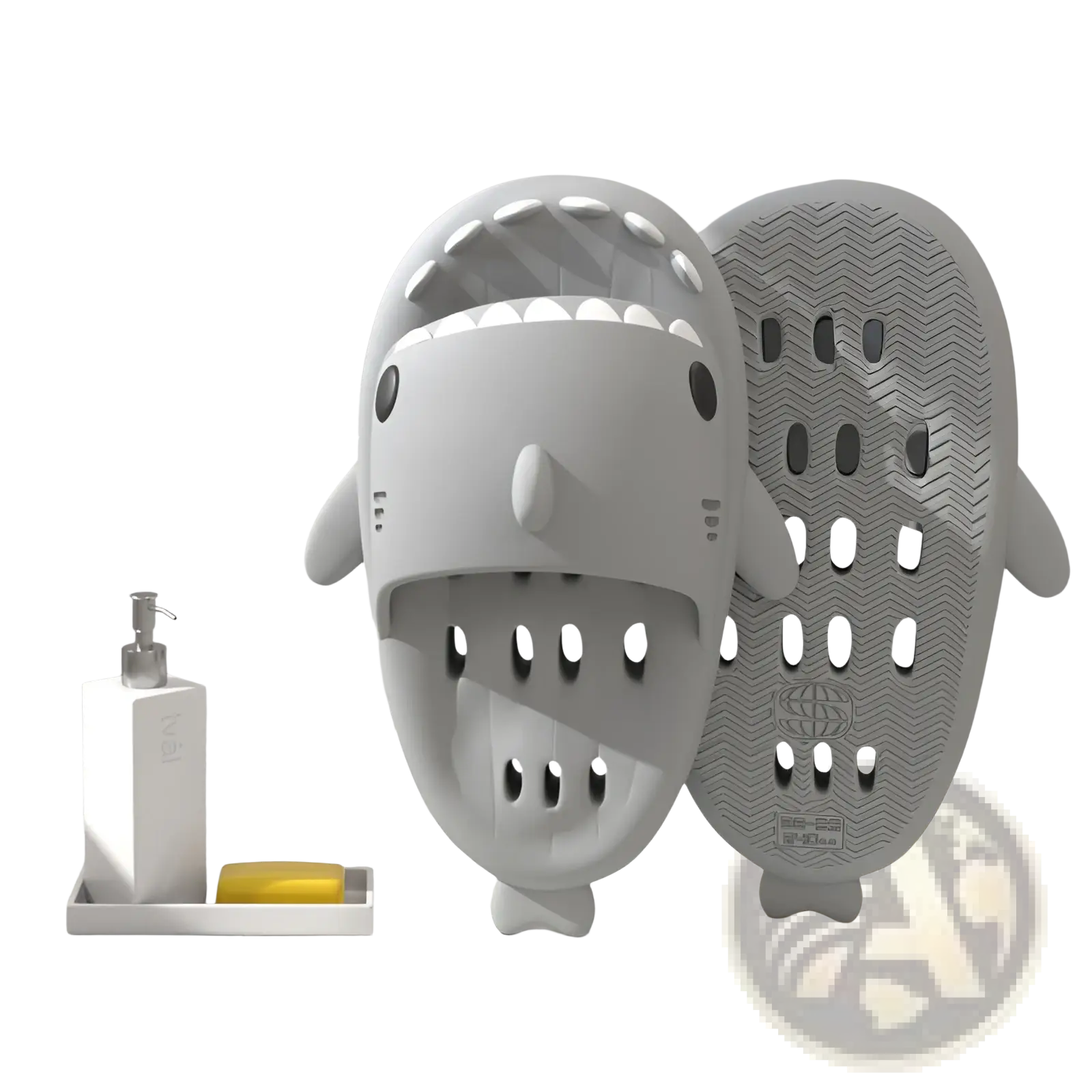Gray plastic shark-shaped bath mat with white teeth black eyes and textured non slip underside for quick dry shower use