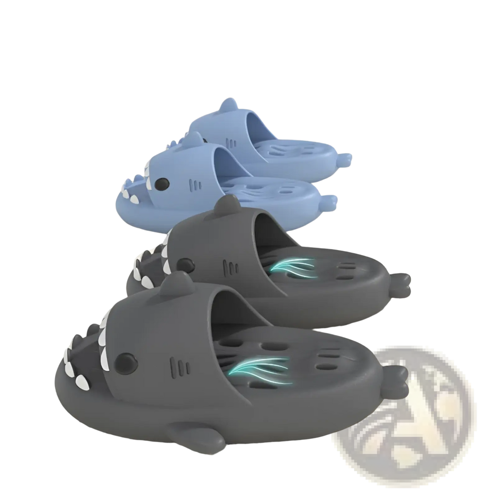 Gray and light blue shark slippers with glowing green non slip soles designed for quick dry shower use