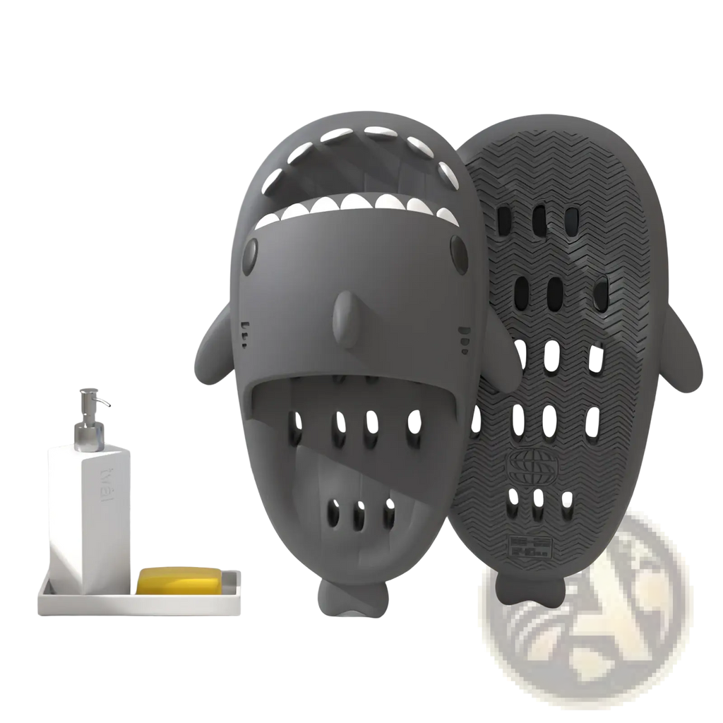 Gray shark-shaped slip-on slippers with white teeth quick dry non slip textured soles for shower use