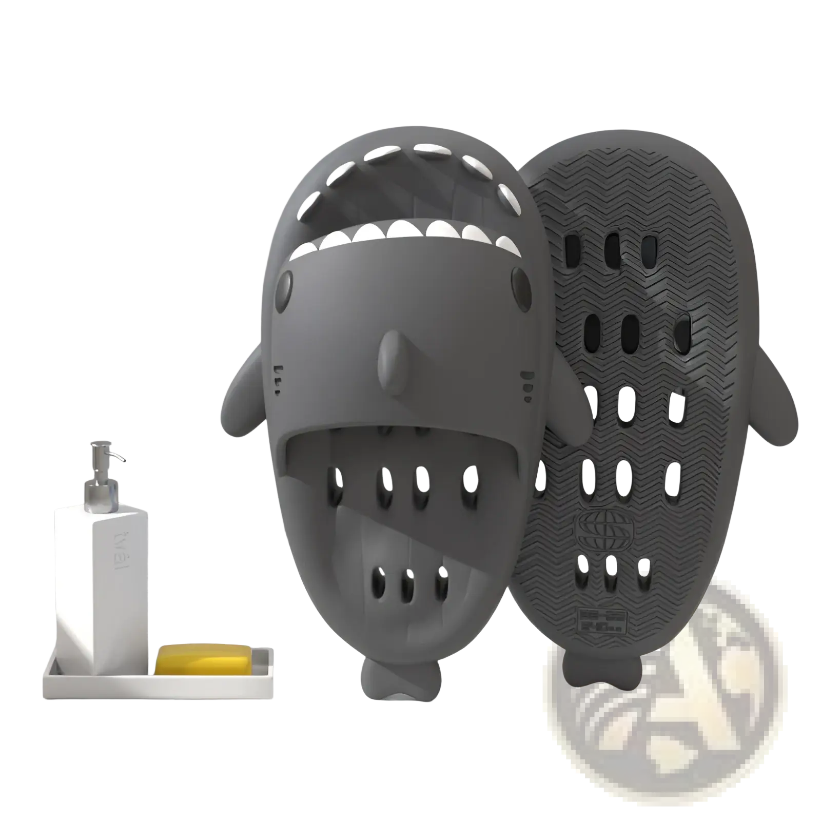Gray shark-shaped slip-on slippers with white teeth quick dry non slip textured soles for shower use