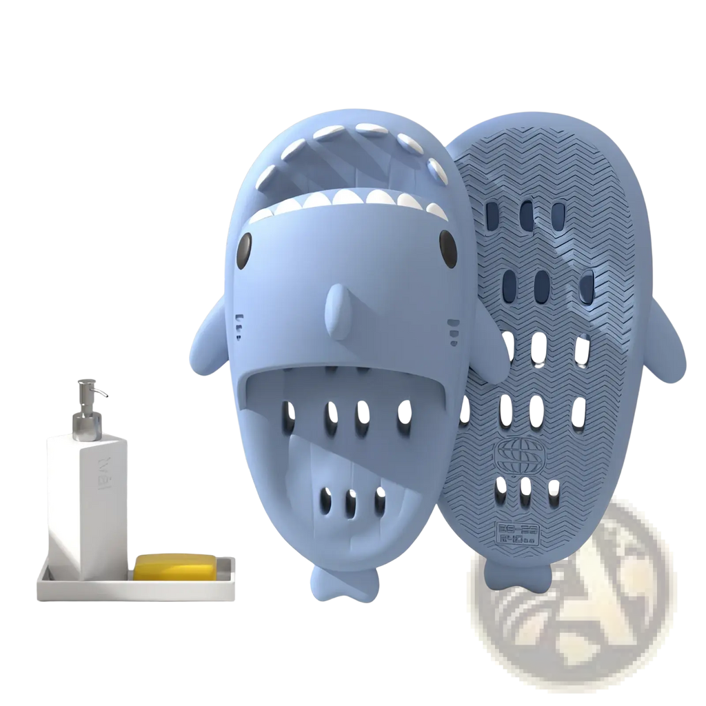 Light blue shark slippers with quick dry, non slip soles, playful teeth and eyes design for shower use