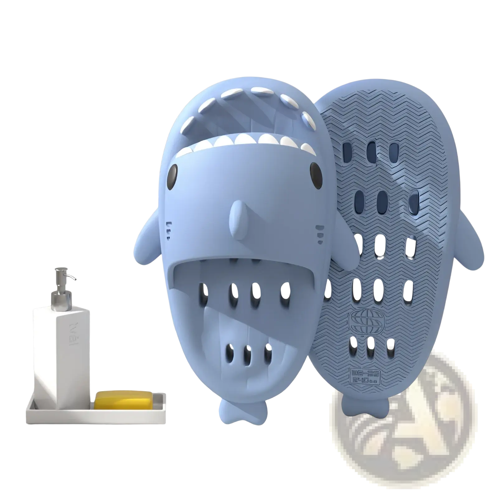 Light blue shark slippers with quick dry, non slip soles, playful teeth and eyes design for shower use