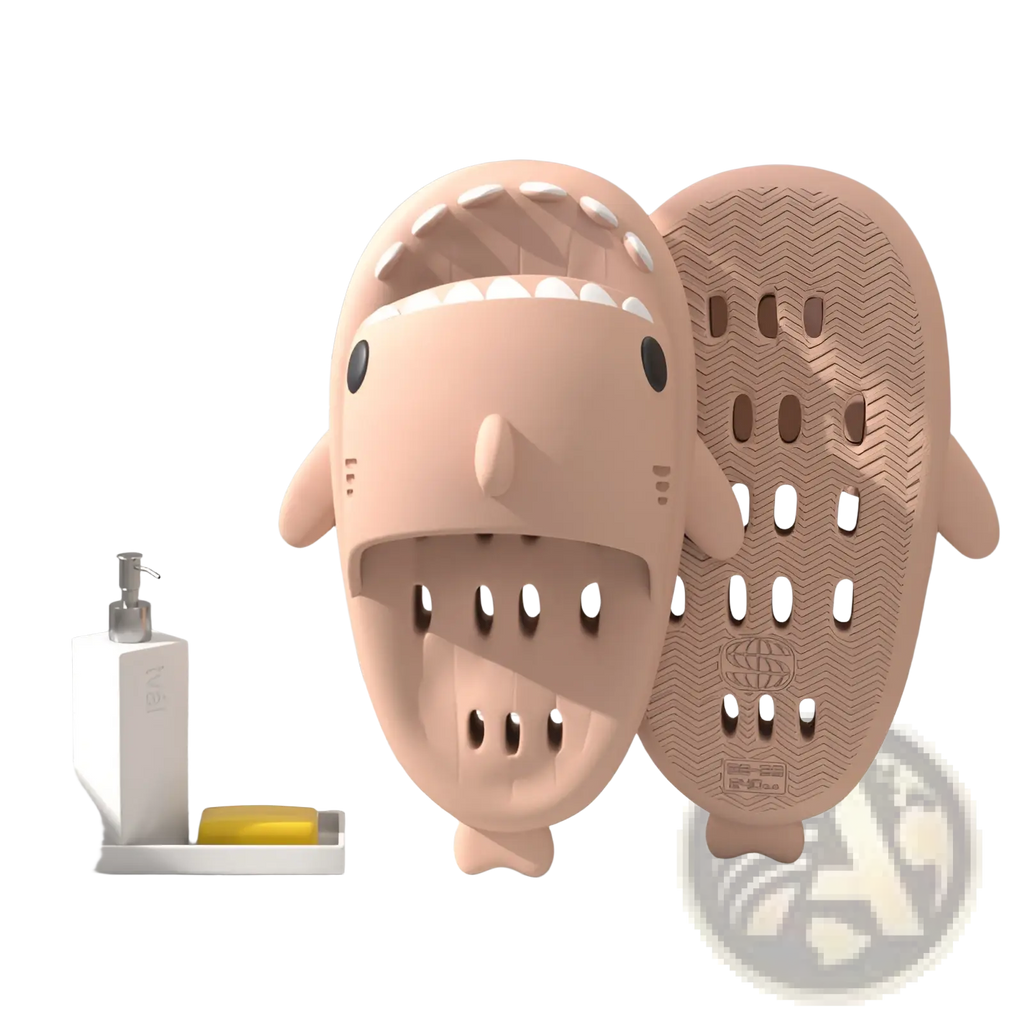 Pink plastic shark-shaped quick dry non slip shower slippers with white teeth and black eyes for indoor use