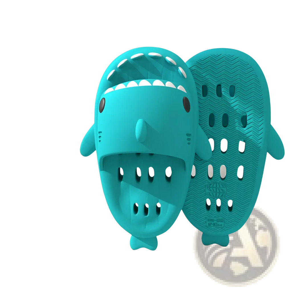 Teal plastic shark-shaped bath mat with white teeth and black eyes for quick dry non slip shower use