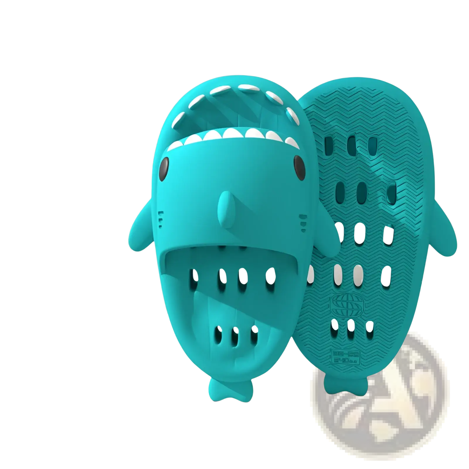 Teal plastic shark-shaped bath mat with white teeth and black eyes for quick dry non slip shower use