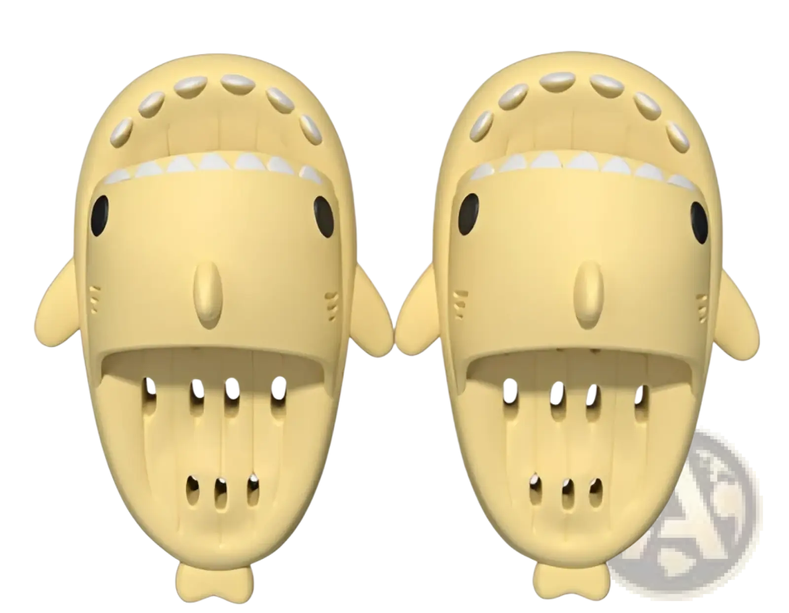 Pair of pale yellow shark slippers with black eyes and white dots quick dry non slip shower slides