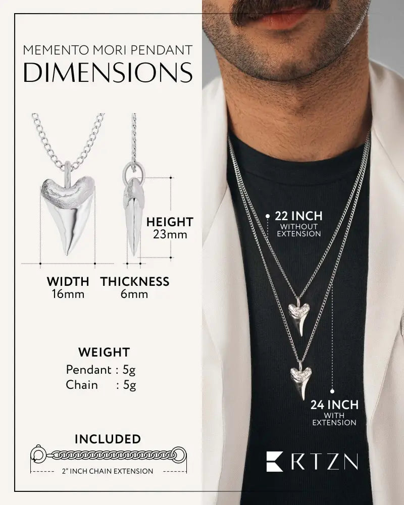 Rtzn silver stainless steel shark tooth pendant necklace with sleek minimalist design and adjustable 24-inch chain