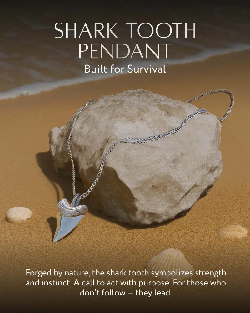 Rtzn silver stainless steel shark tooth pendant necklace with textured naturalistic design and matching chain
