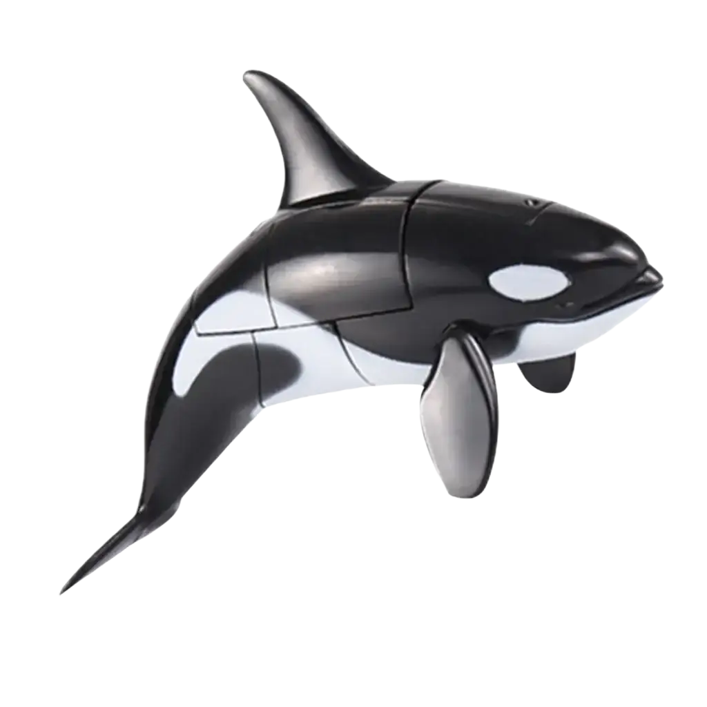 Black and white plastic orca-shaped shark transforming robot toy finished goods with a sleek glossy finish