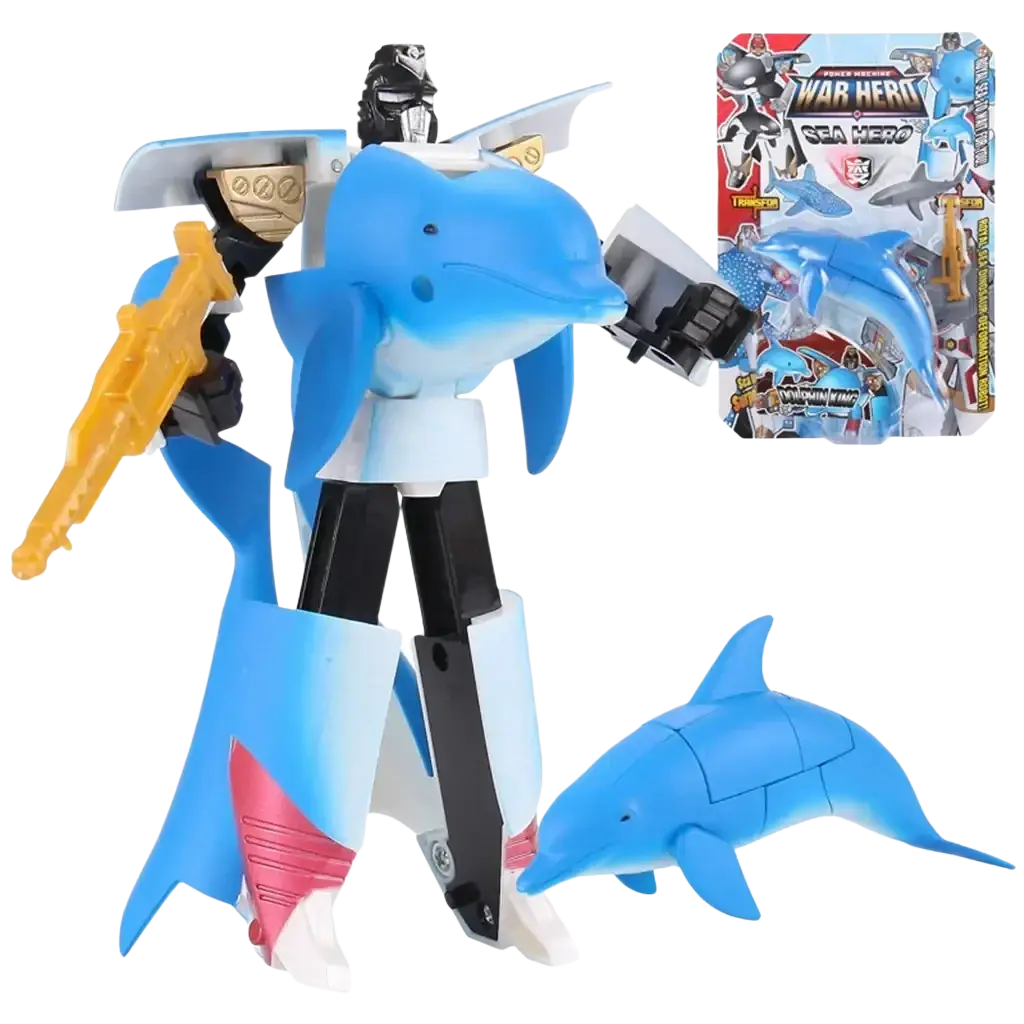 Blue dolphin-themed shark transforming robot toy finished goods with white and black accents holding a yellow weapon